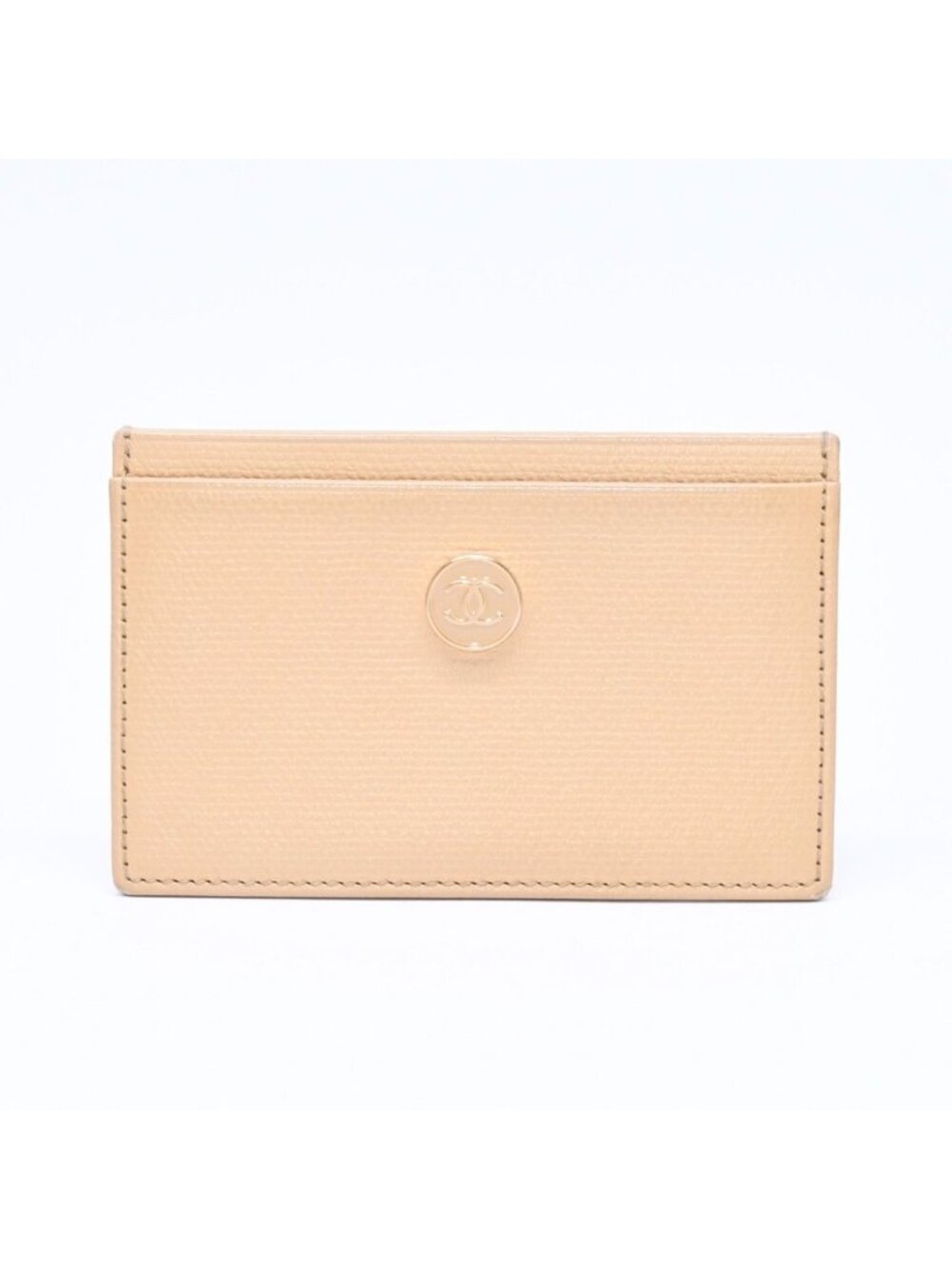 Chanel Card Case CC Logo Button Caviar Leather Beige Gold